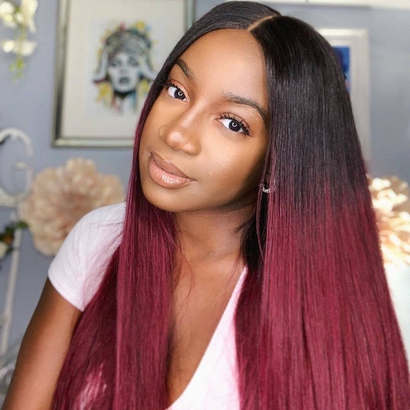 Black Root Ombre Dark Red Color Human Hair Silky Straight Lace Front Wig